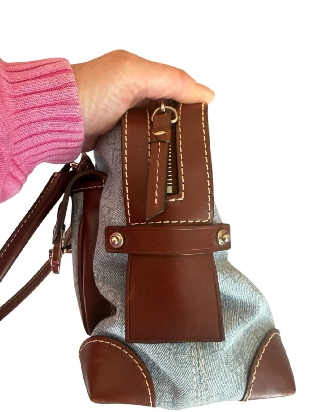 Dooney & Bourke NWT Double Pocket Tote Blue Denim and Brown Leather Bag
